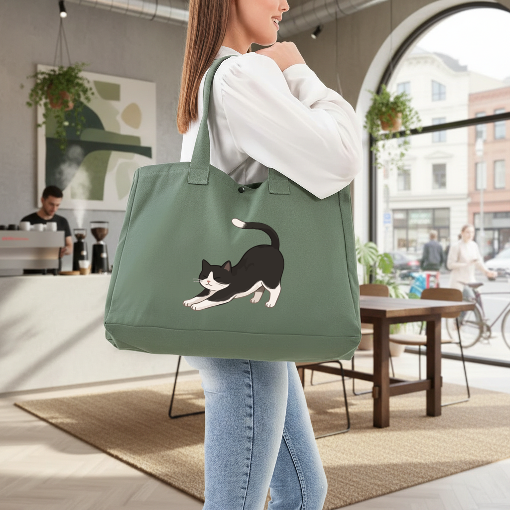 Stretching Tuxedo Cat Green Bag with 3 Velcro Fasteners