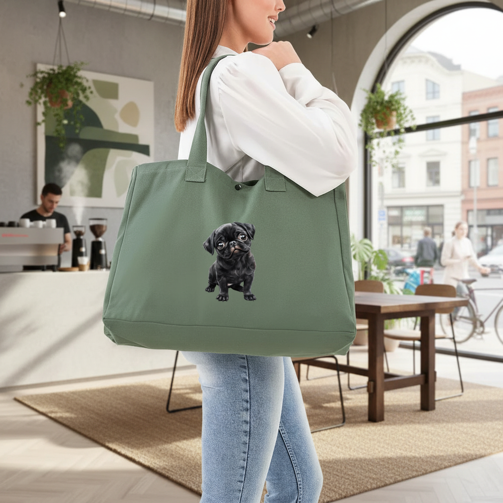 Innocent Black Pug Puppy Green Bag with 3 Velcro Fasteners