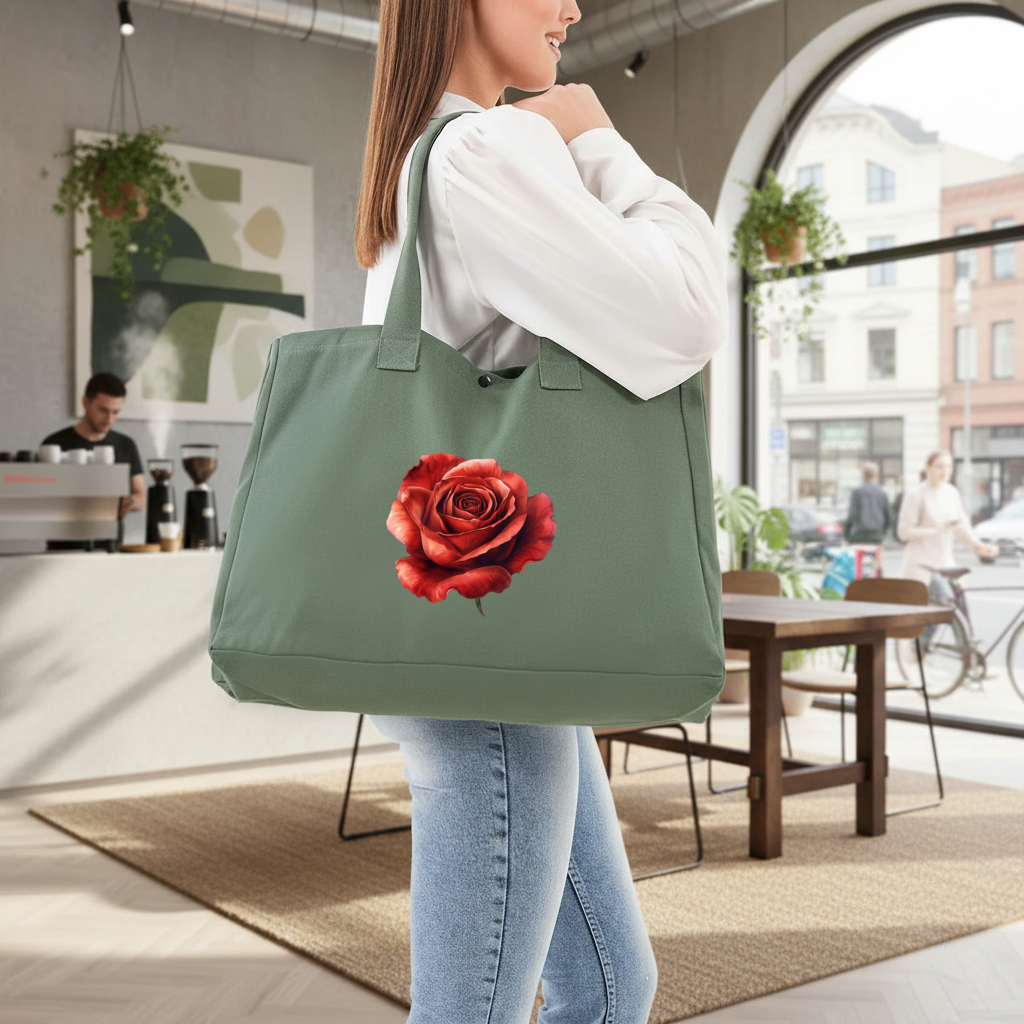Crimson Red Rose Green Bag with 3 Velcro Fasteners