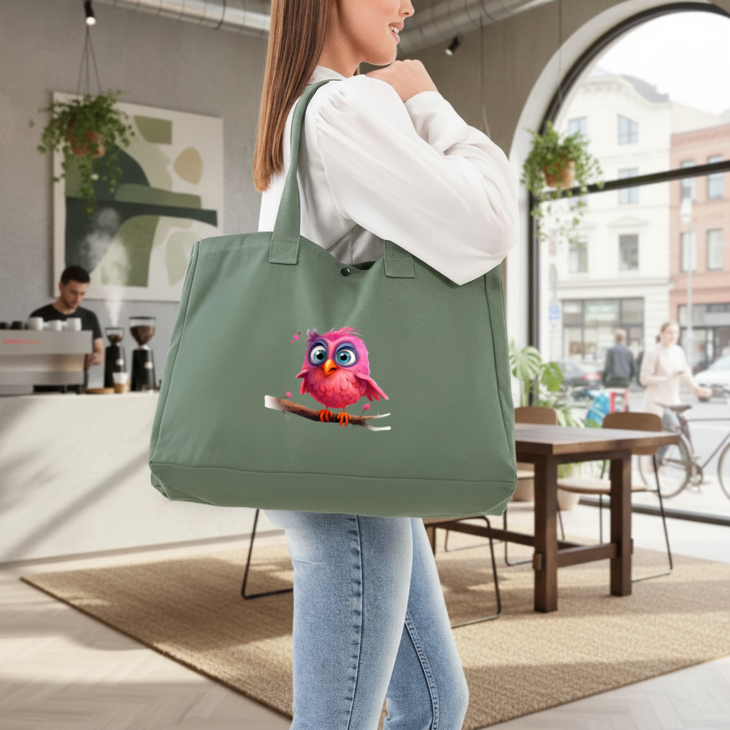 Cute Pink Bird with Large Blue Eyes Green Bag with 3 Velcro Fasteners