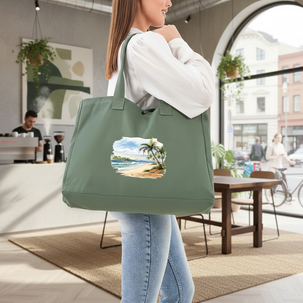 Tropical Palm Tree Beach Green Bag with 3 Velcro Fasteners