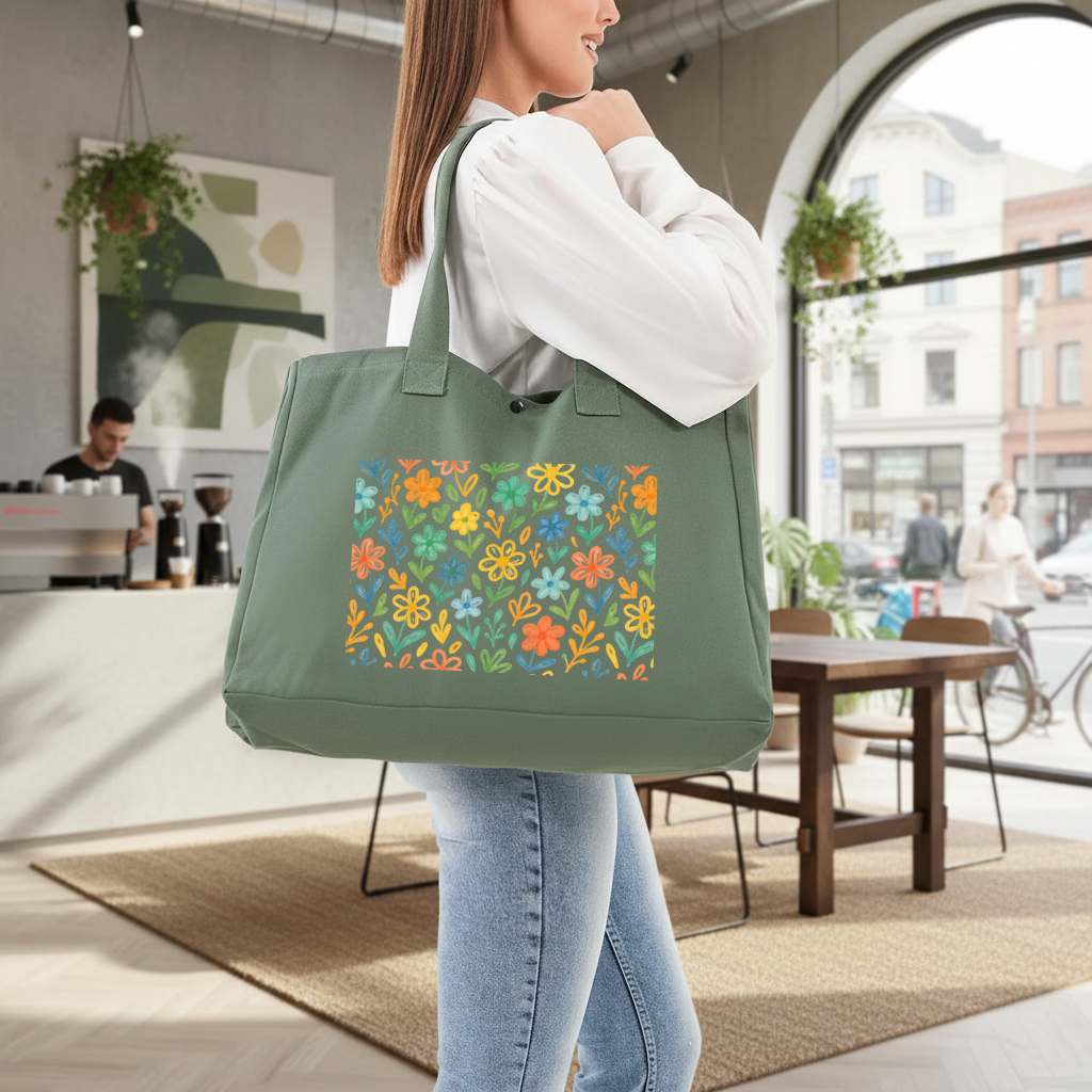 Colorful Boho Wildflowers Green Bag with 3 Velcro Fasteners
