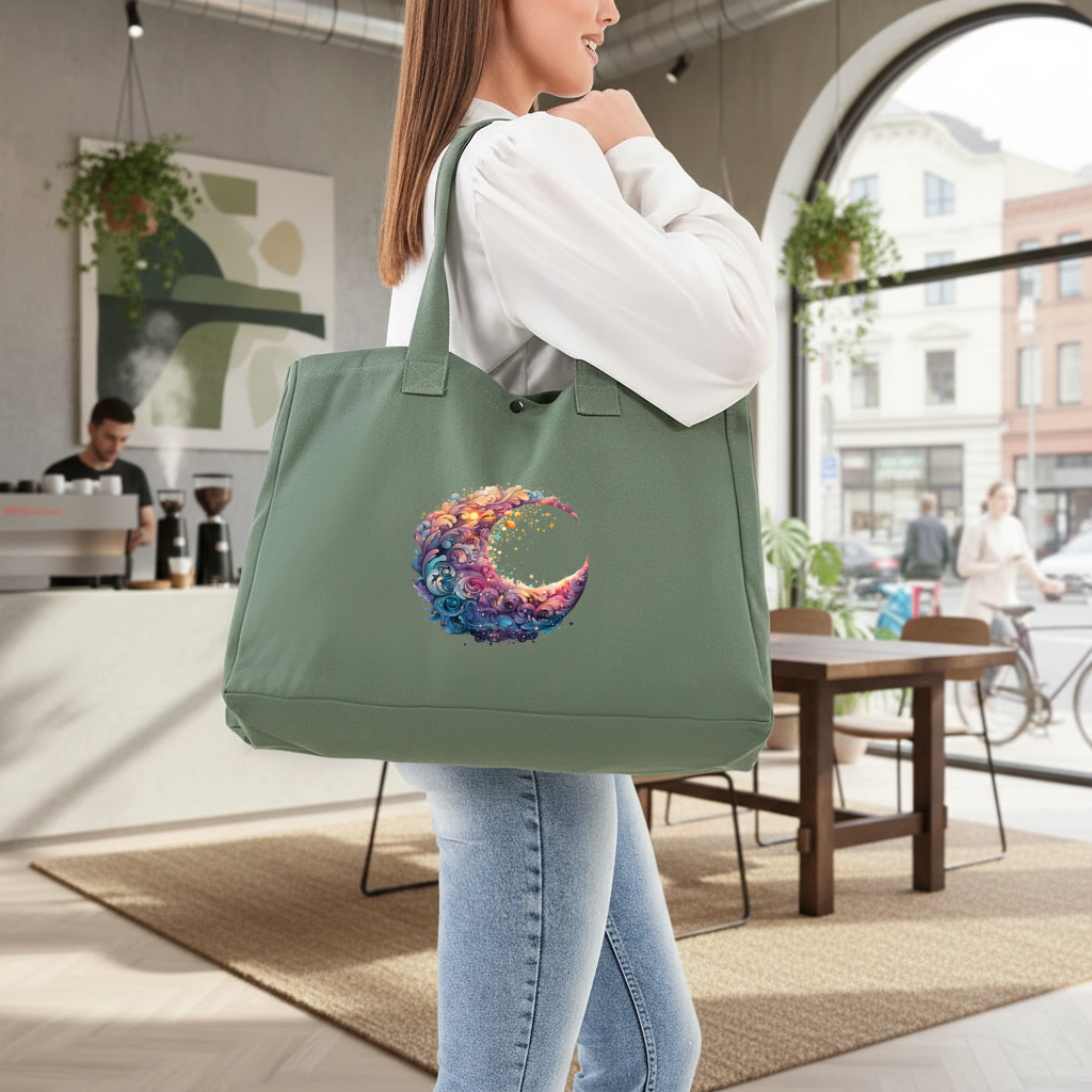 Colorful Swirled Celestial Moon Green Bag with 3 Velcro Fasteners