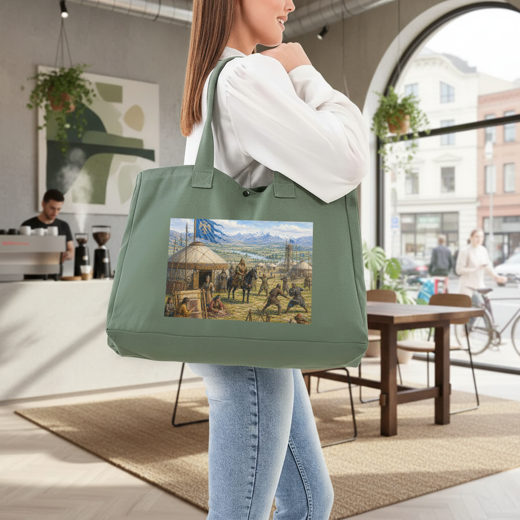 Ancient Steppe Heritage Historic Turkish Camp Scene Art Green Bag with 3 Velcro Fasteners