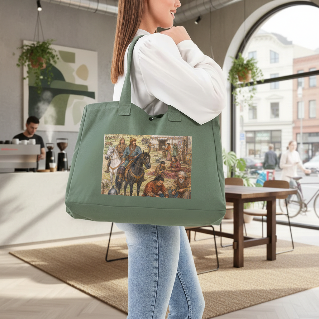 Blacksmiths of the Steppe Ancient Nomadic Camp Art Green Bag with 3 Velcro Fasteners