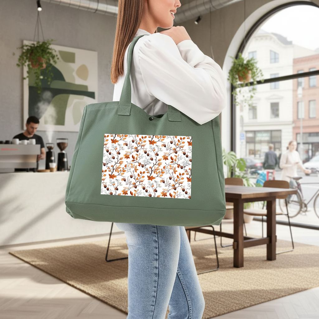 Watercolor Fall Acorns and Leaves Green Bag with 3 Velcro Fasteners