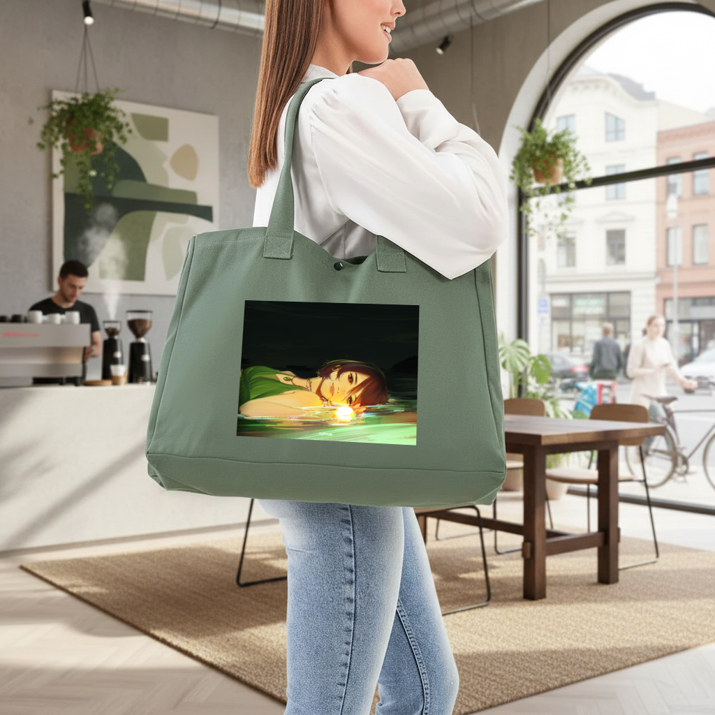 Sunset Glow Anime Girl Illustration Green Bag with 3 Velcro Fasteners