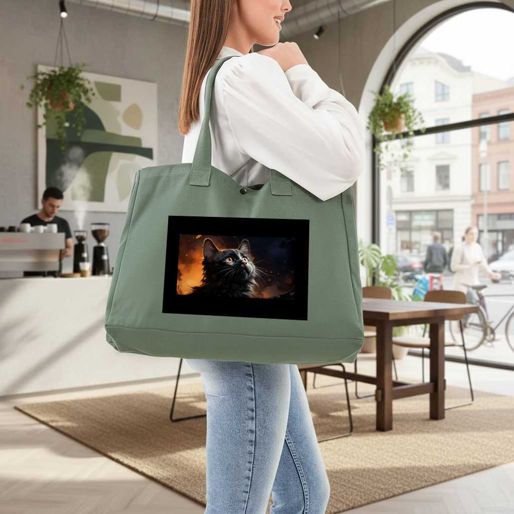 Black Cat Digital Art Green Bag with 3 Velcro Fasteners