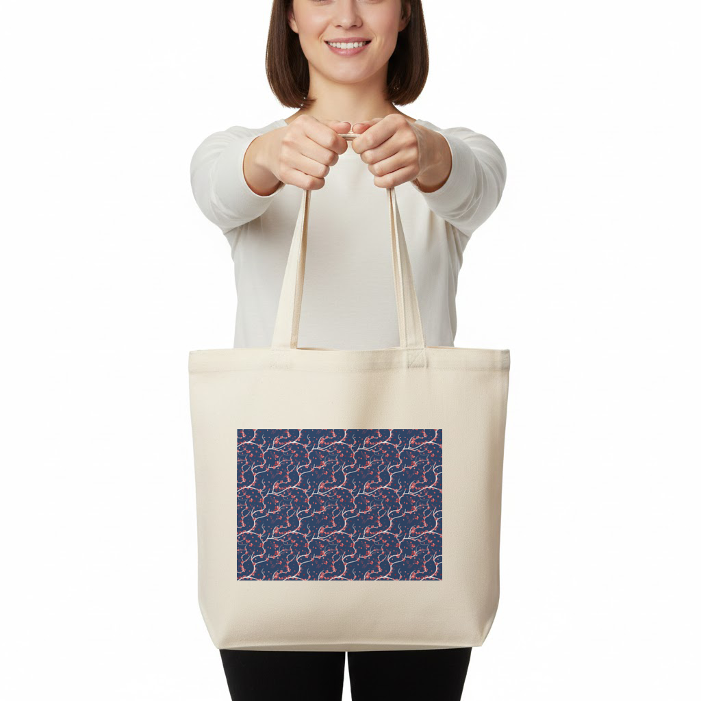 Red Floral Branch Pattern on Navy Background Horizontal Canvas Tote Bag