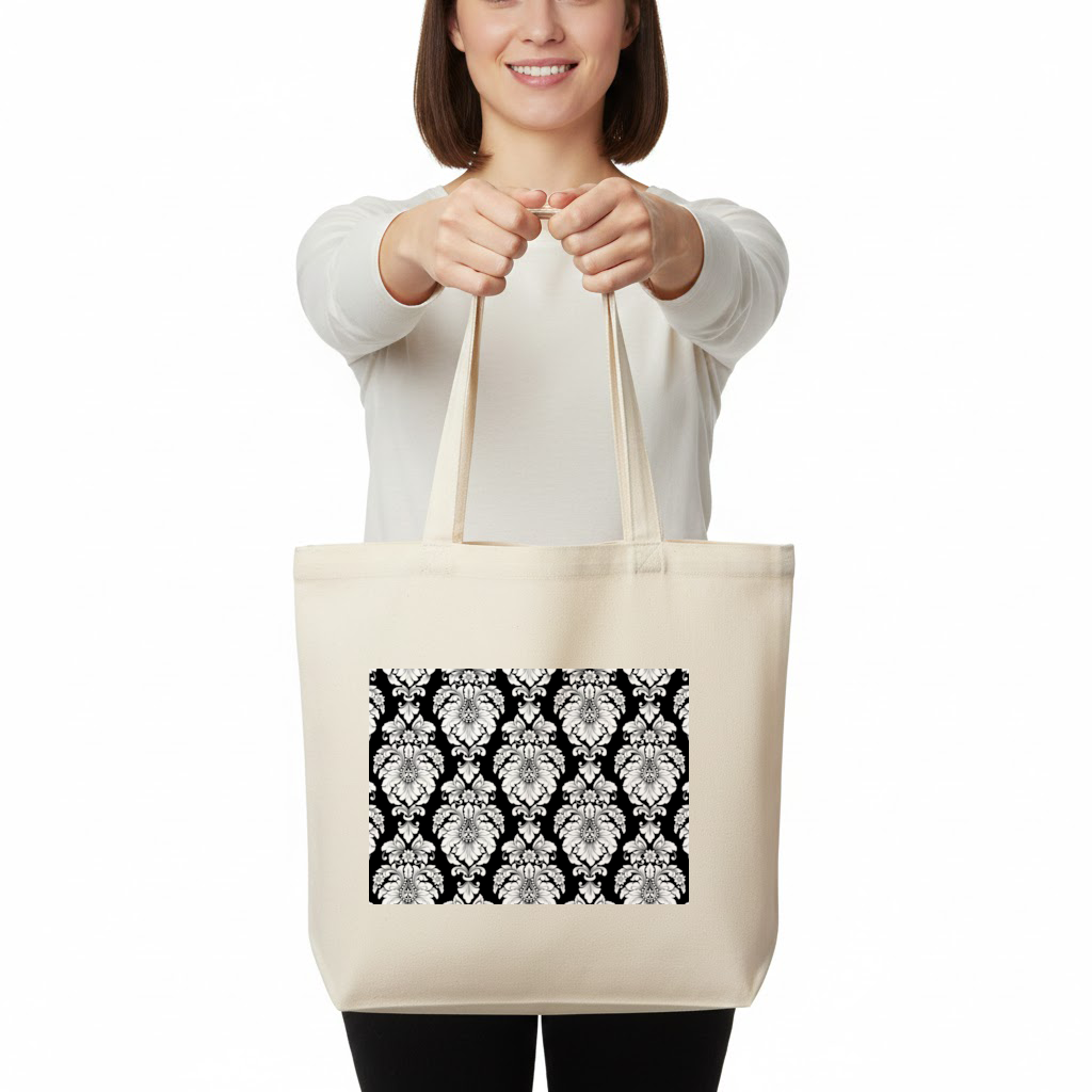 Siyah Beyaz Barok Çiçek Deseni Yatay Canvas Çanta