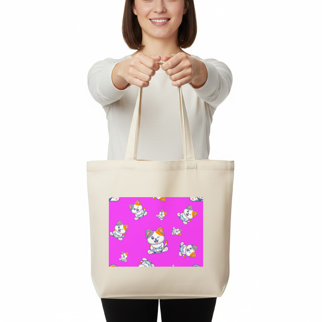 Cute Cartoon Cat Pattern on Pink Background Horizontal Canvas Tote Bag