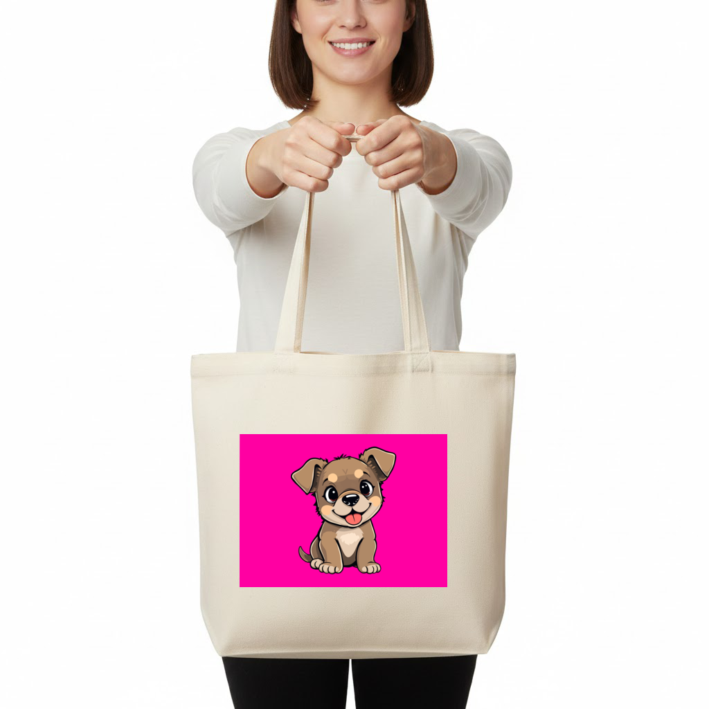 Cute Dog Illustration on Pink Background Horizontal Canvas Tote Bag