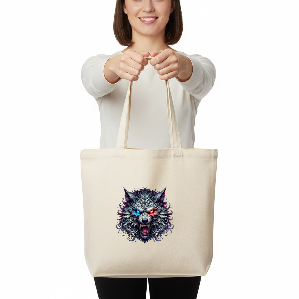 Fierce Wolf Head Illustration Heterochromia Eyes, Savage Wolf Horizontal Canvas Tote Bag