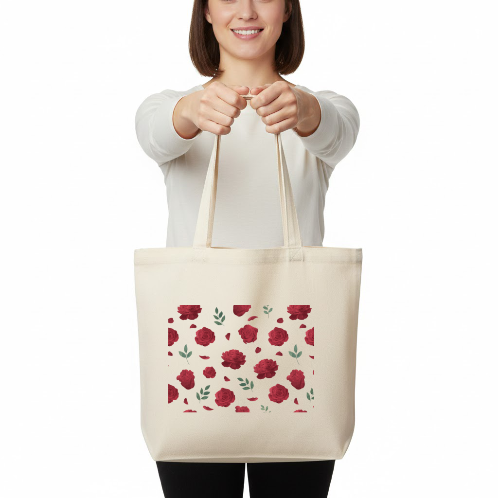 Kırmızı Gül ve Yaprak Desenli Romantik Arka Plan Yatay Canvas Çanta