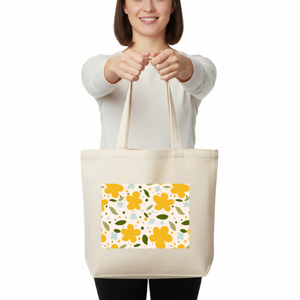 Yellow Floral and Leaf Boho Seamless Pattern Horizontal Canvas Tote Bag