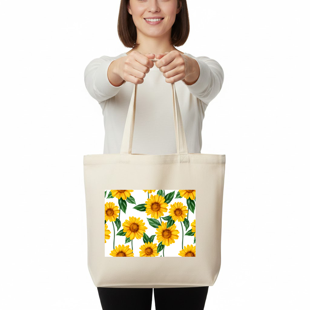 Canlı Sarı Ayçiçeği ve Yeşil Yaprak Desenli İllüstrasyon Yatay Canvas Çanta