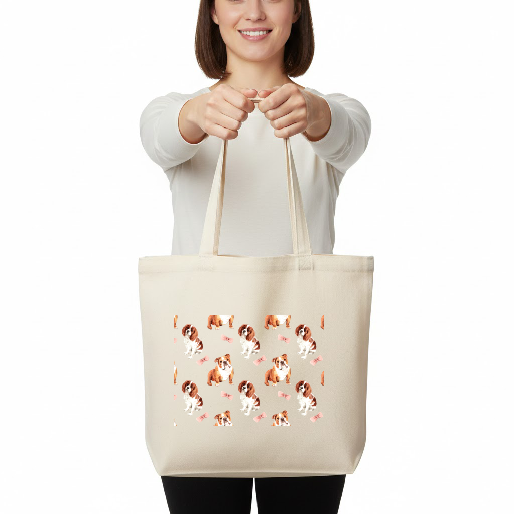 Watercolor English Bulldog and Cavalier Puppy Pattern Horizontal Canvas Tote Bag