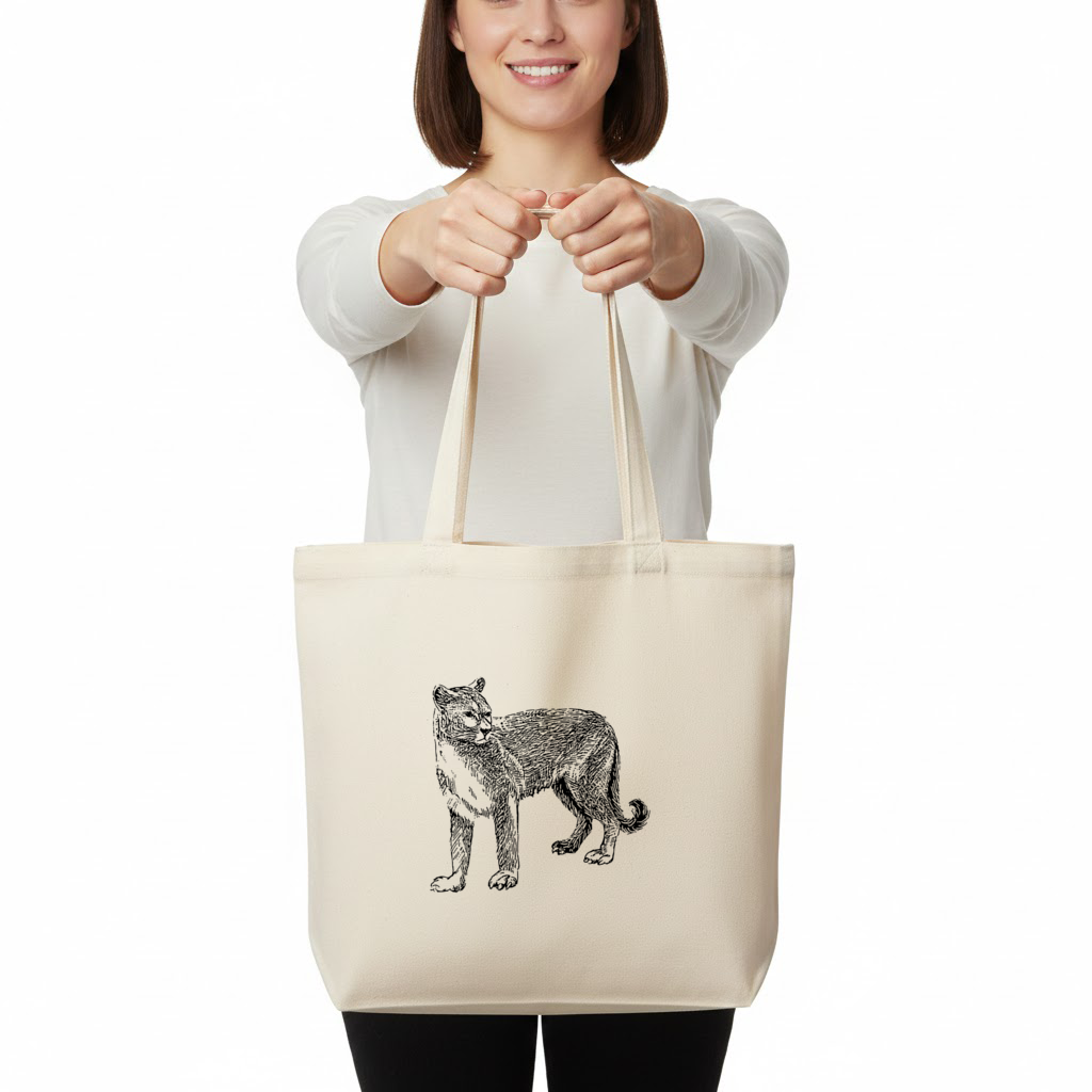 Black and White Wild Cat Sketch Illustration Horizontal Canvas Tote Bag