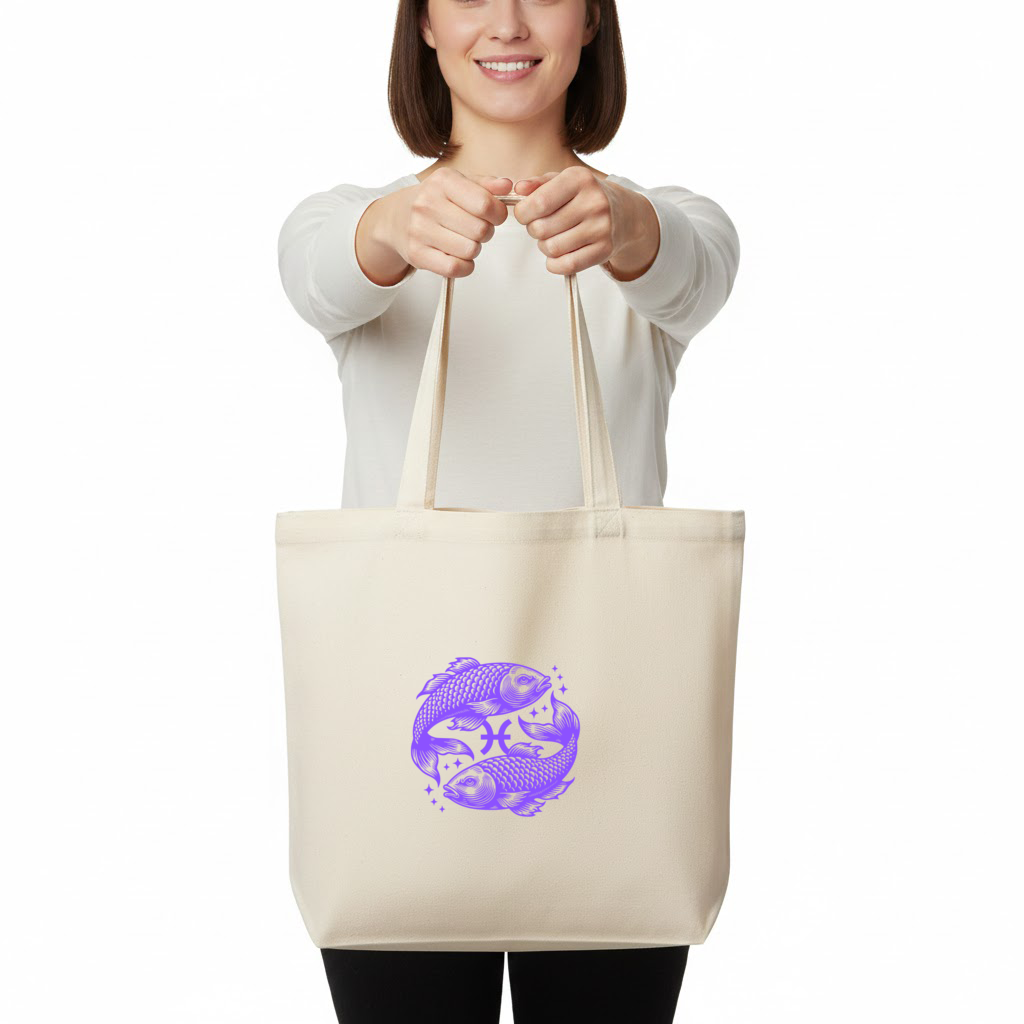 Pisces Zodiac Symbol with Purple Fish Art Horizontal Canvas Tote Bag