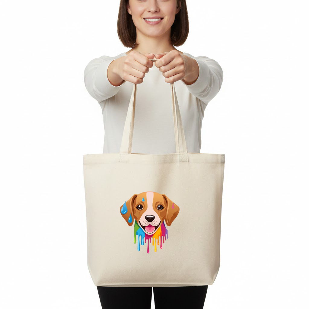 Happy Dog with Colorful Paint Drips Horizontal Canvas Tote Bag