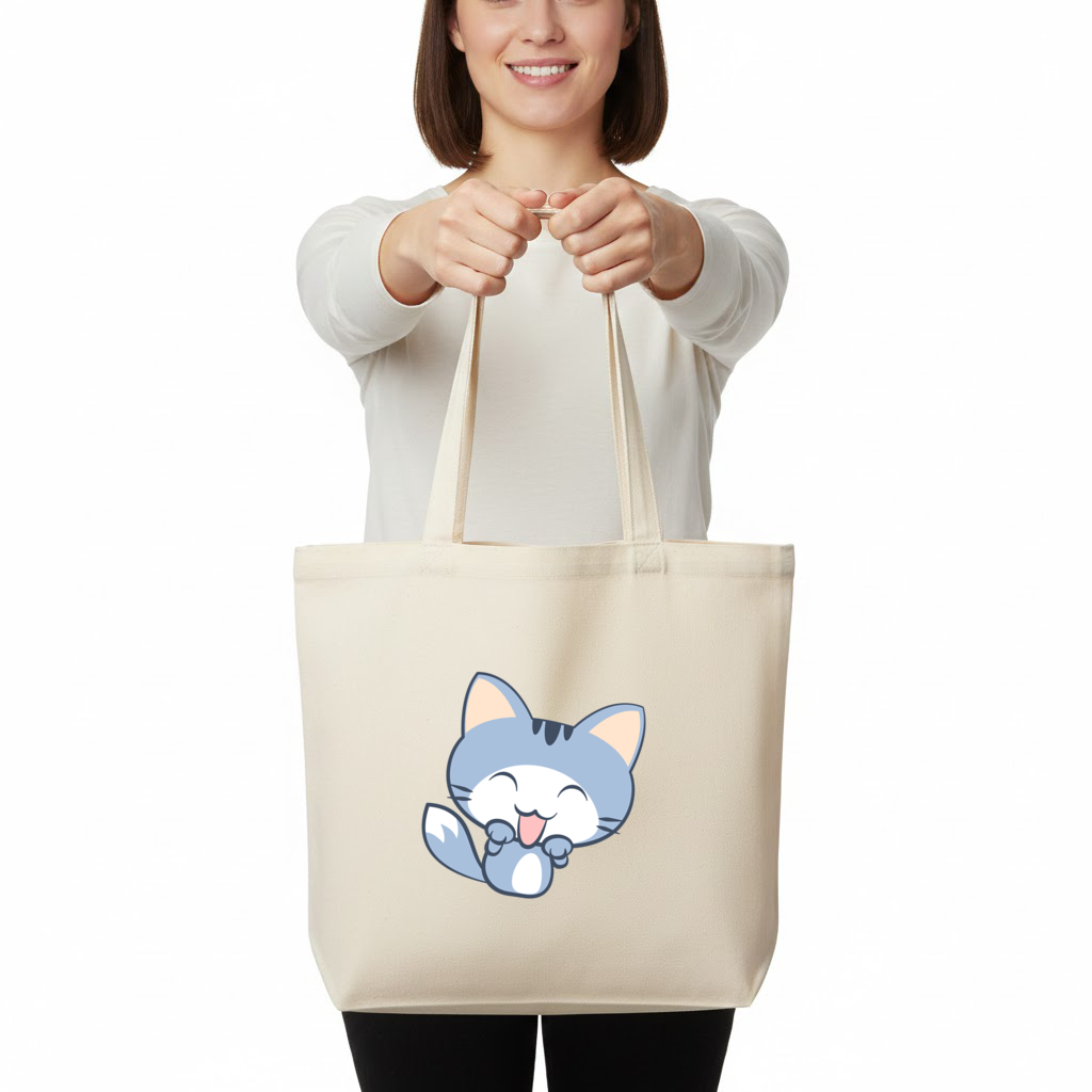 Kawaii Blue Cat Horizontal Canvas Tote Bag