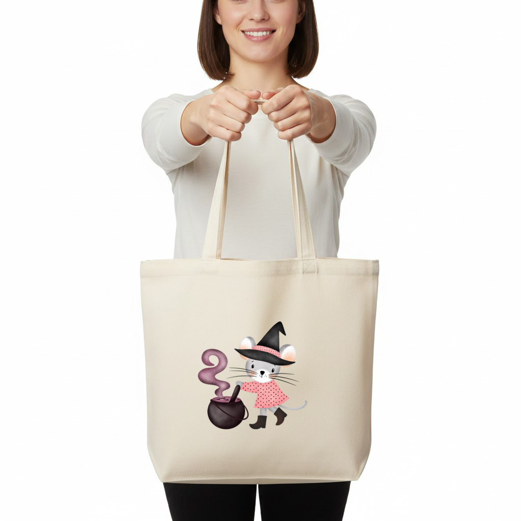 Witch Mouse with Cauldron Horizontal Canvas Tote Bag