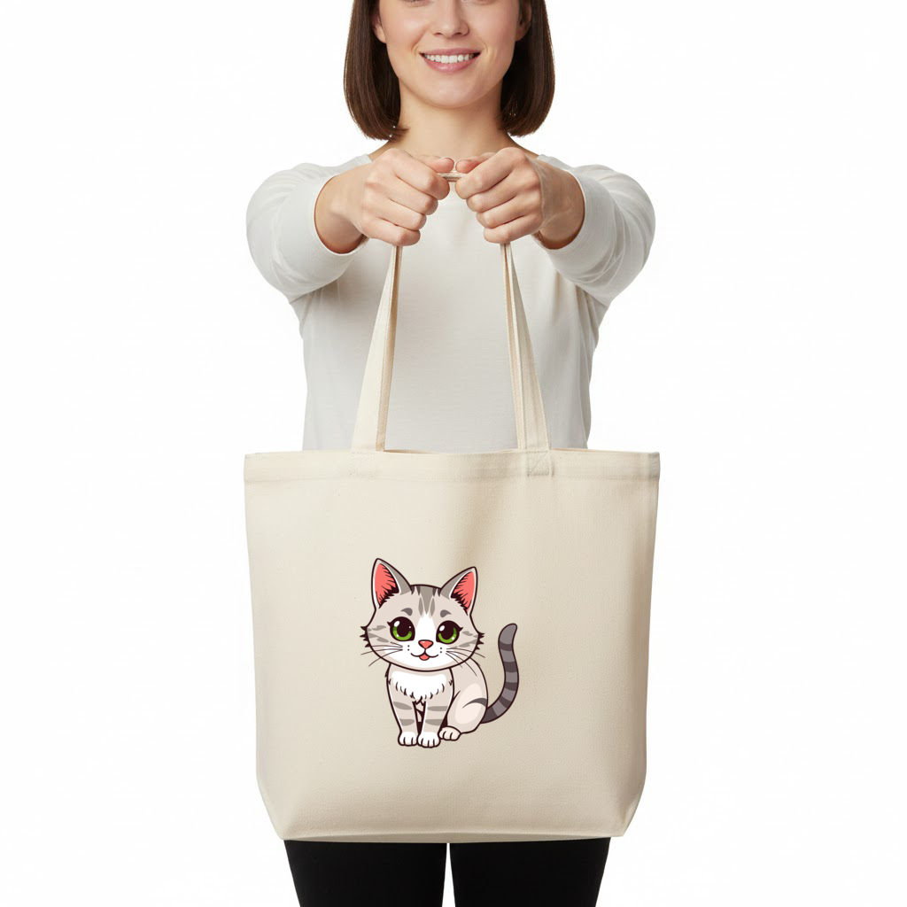 Green Eyed Grey Cat Horizontal Canvas Tote Bag