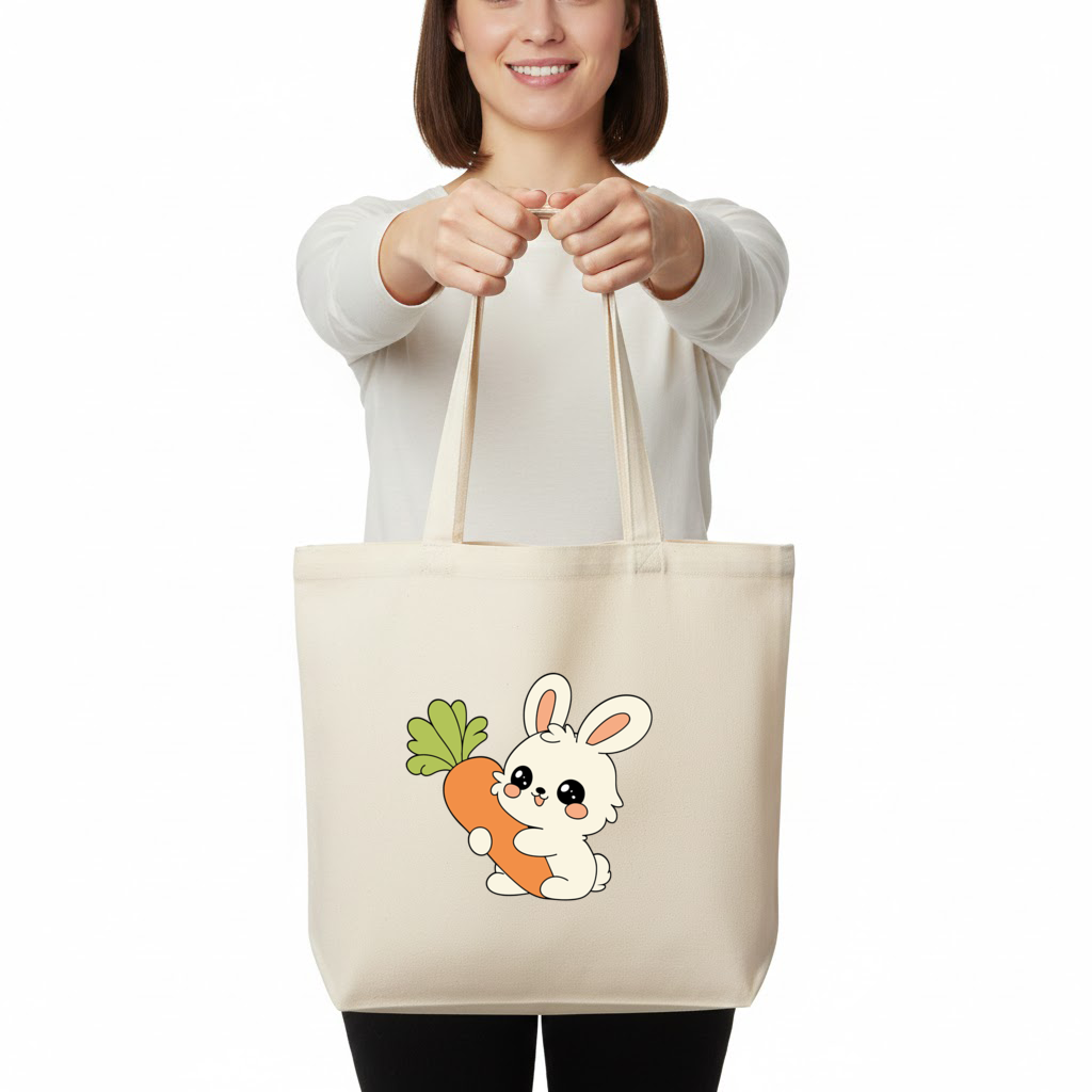 Kawaii Bunny with Carrot Horizontal Canvas Tote Bag