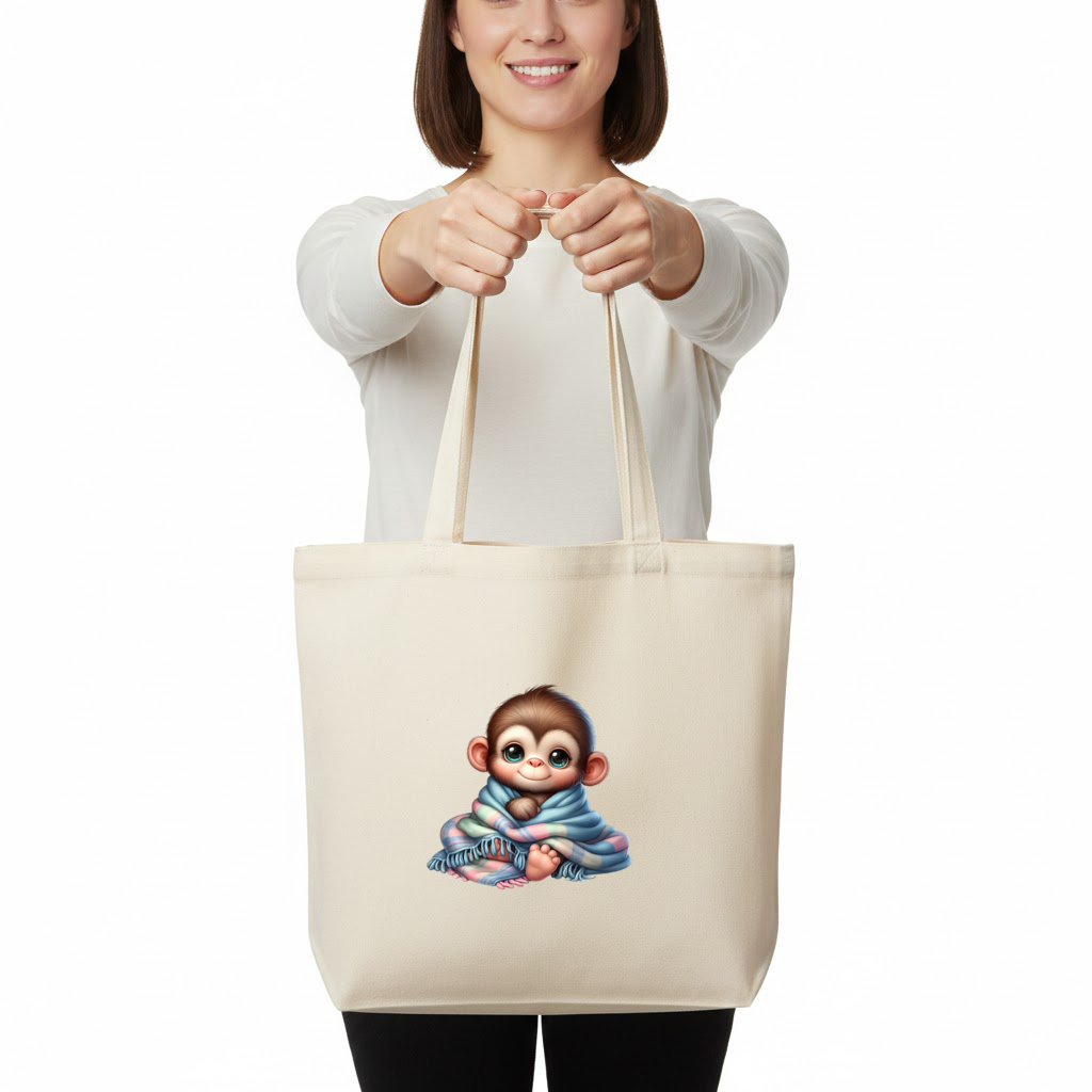 Cute Baby Monkey Wrapped in Blanket Horizontal Canvas Tote Bag
