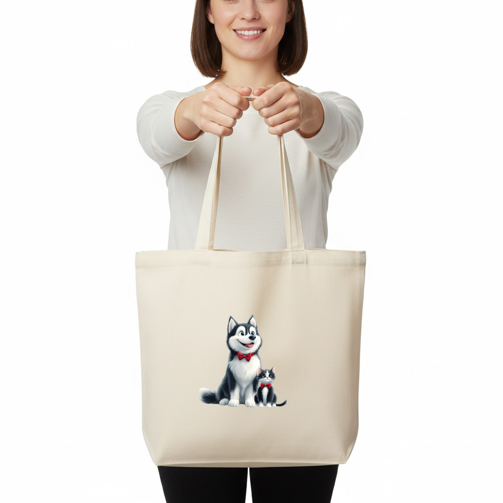 Cute Husky and Kitten with Red Bowties Horizontal Canvas Tote Bag