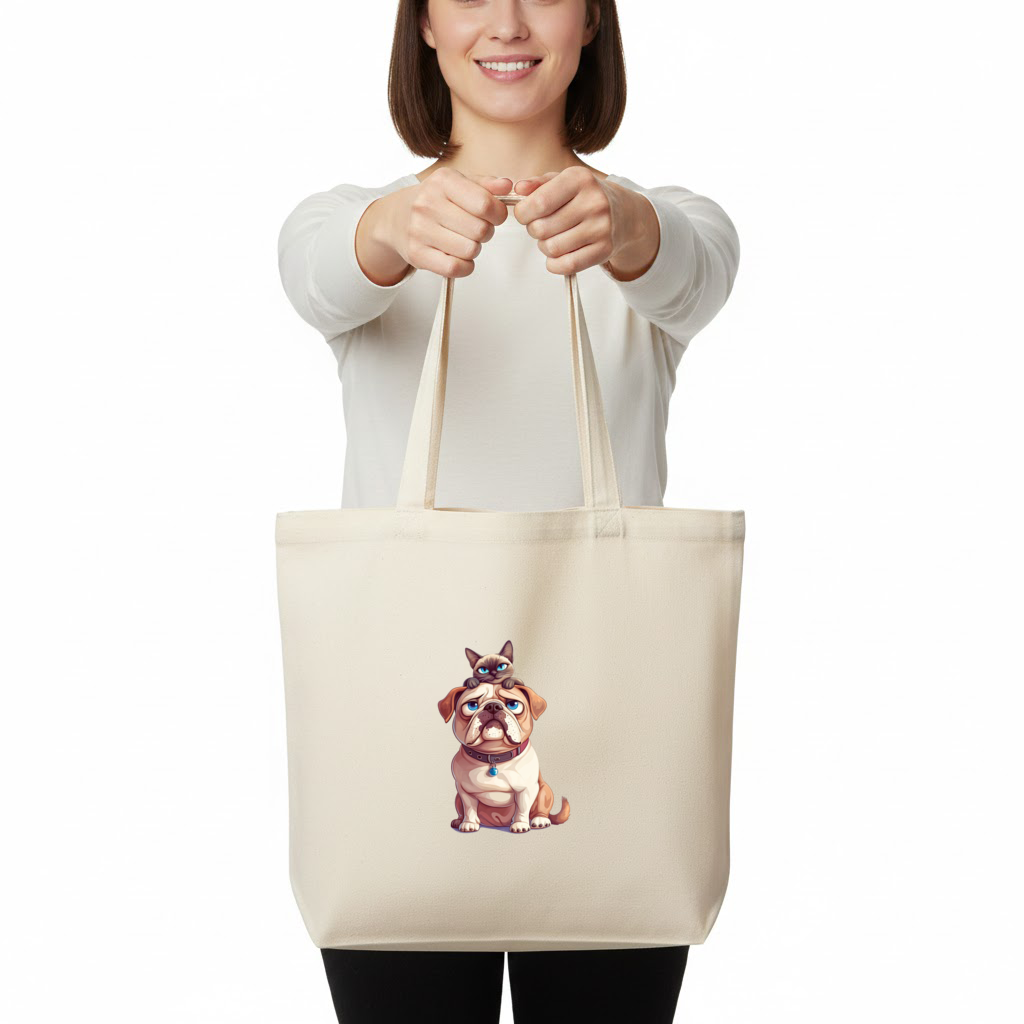 Sad Pug with Siamese Cat on Head Horizontal Canvas Tote Bag