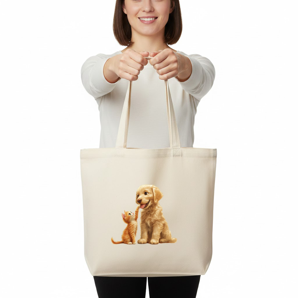 Golden Retriever and Ginger Kitten Horizontal Canvas Tote Bag