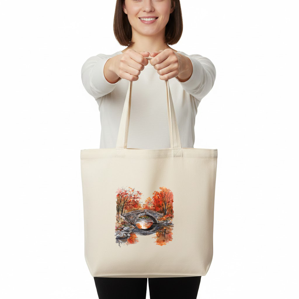 Autumn Stone Arch Bridge Over River Horizontal Canvas Tote Bag