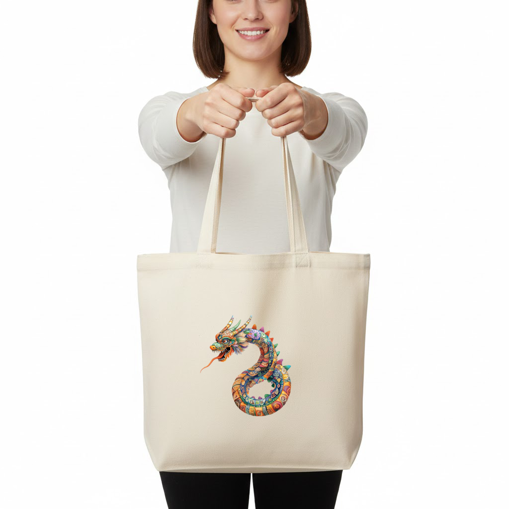 Colorful Mosaic Chinese Dragon Horizontal Canvas Tote Bag