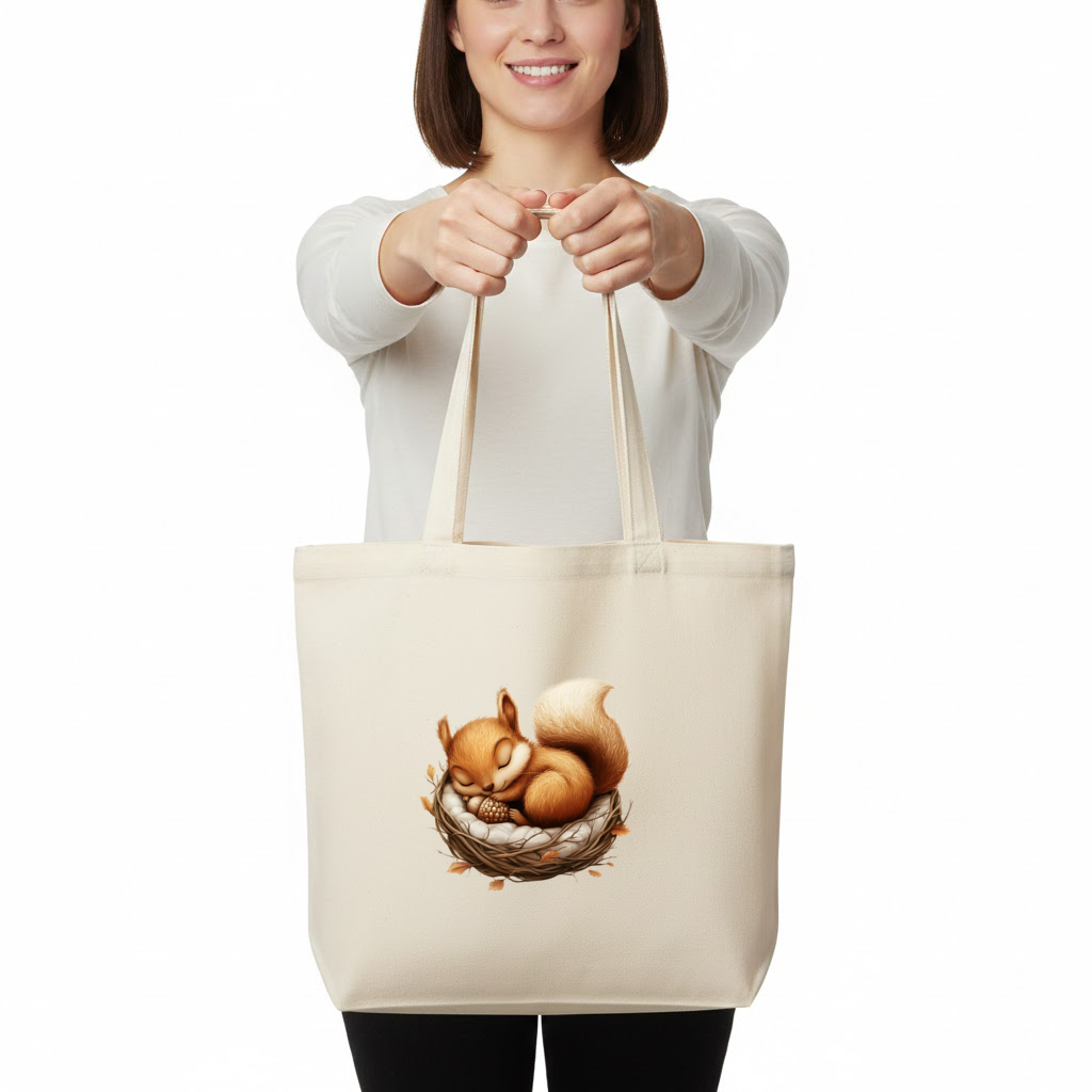 Sleeping Baby Squirrel in Nest Horizontal Canvas Tote Bag
