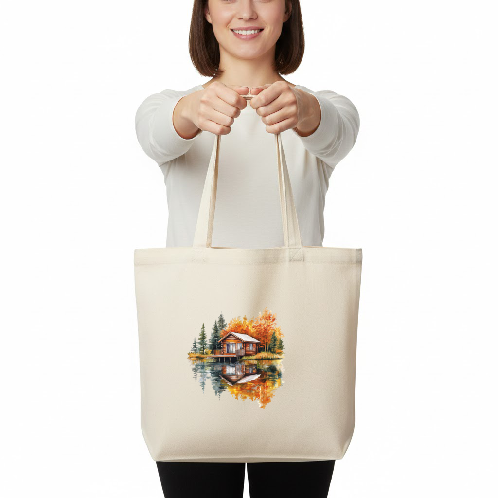 Lakeside Log Cabin Autumn Landscape Horizontal Canvas Tote Bag