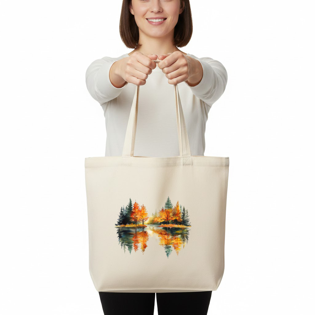 Autumn Forest Lake Reflection Horizontal Canvas Tote Bag