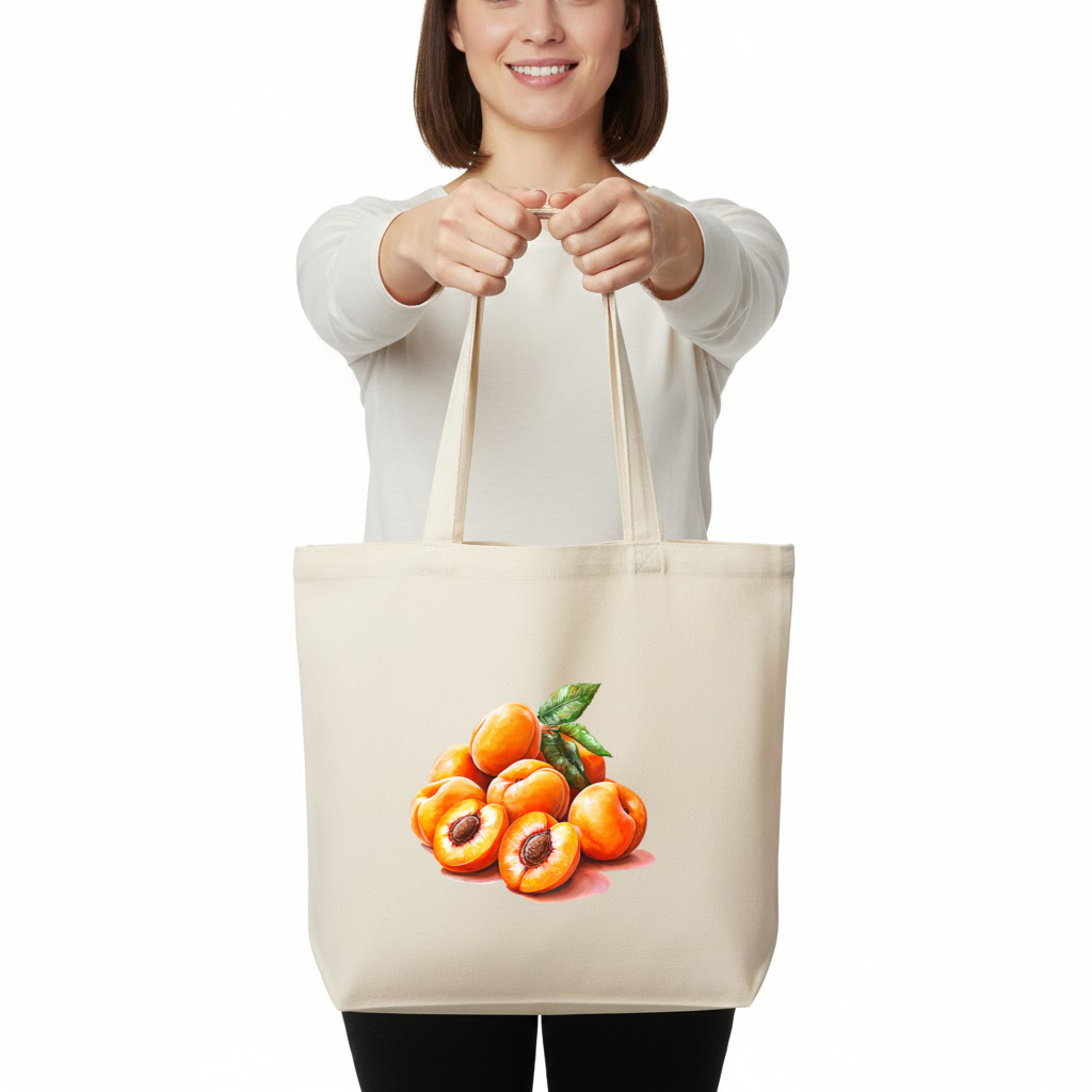 Watercolor Apricot and Leaves Horizontal Canvas Tote Bag