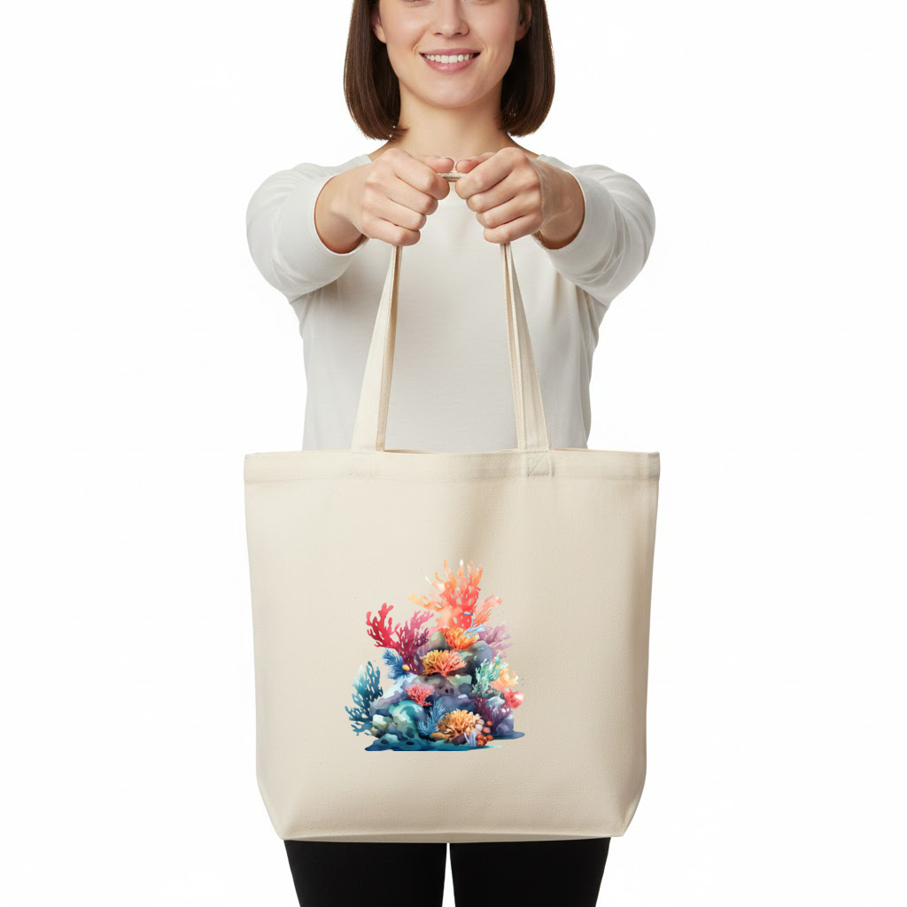 Vibrant Watercolor Coral Reef Scene Horizontal Canvas Tote Bag