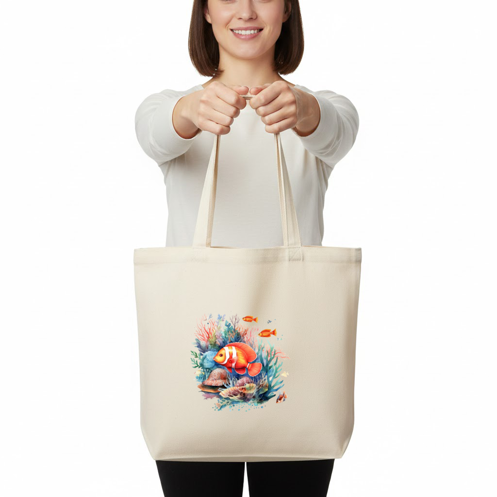 Watercolor Clownfish and Tropical Coral Reef Horizontal Canvas Tote Bag