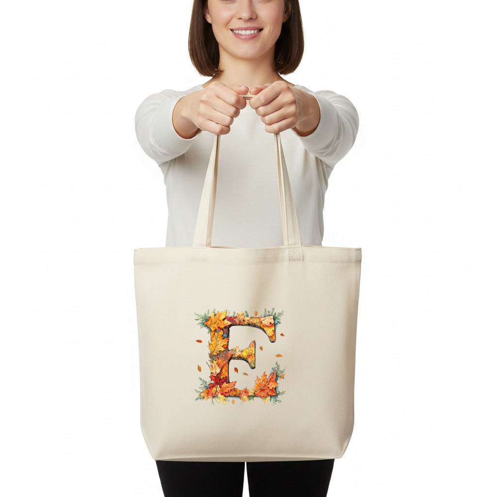 Autumn Maple Leaf Letter E Horizontal Canvas Tote Bag