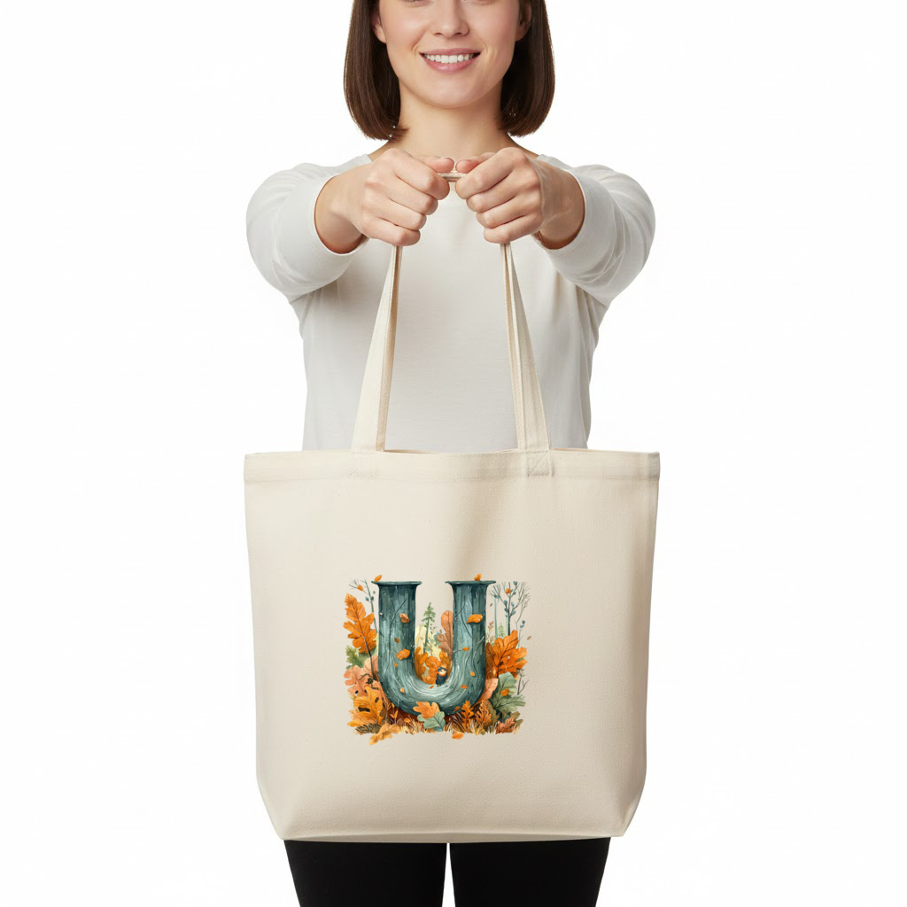 Autumn Woodland Initial Letter U Horizontal Canvas Tote Bag