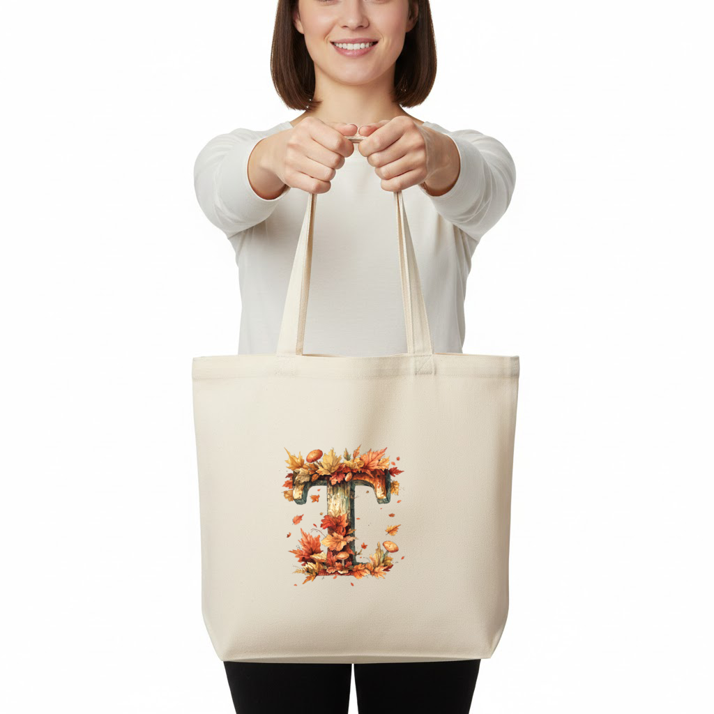 Autumn Leaf Wooden Letter T Horizontal Canvas Tote Bag