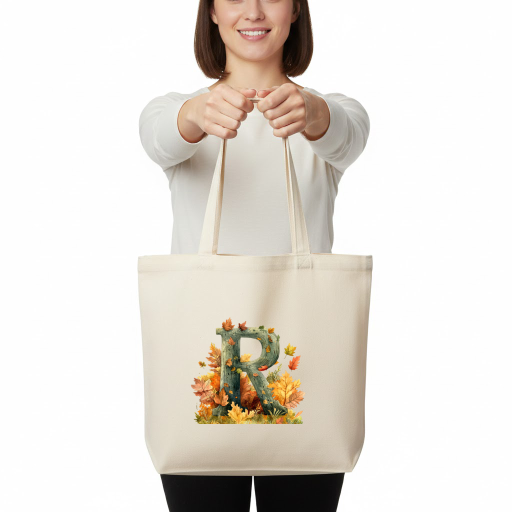 Autumn Letter R with Fall Leaves Horizontal Canvas Tote Bag