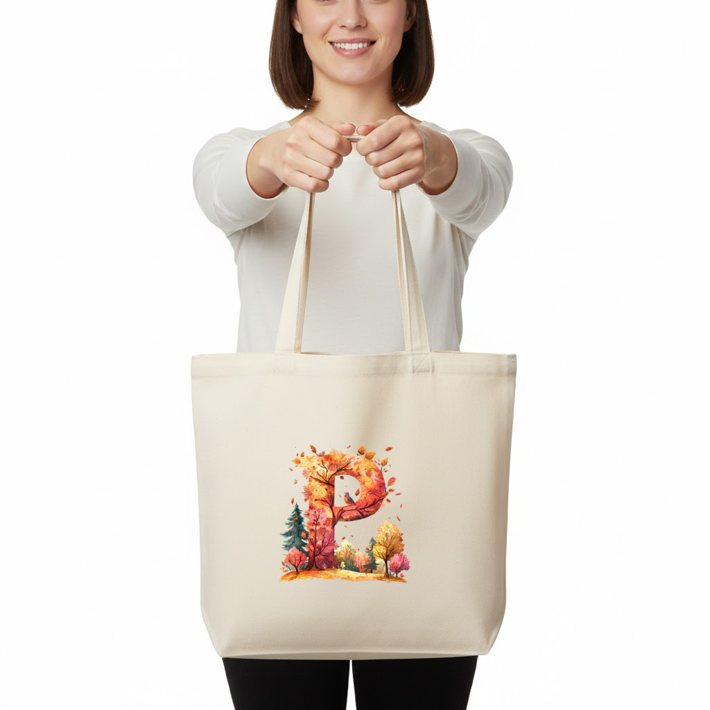Autumn Forest Letter P with Bird Horizontal Canvas Tote Bag