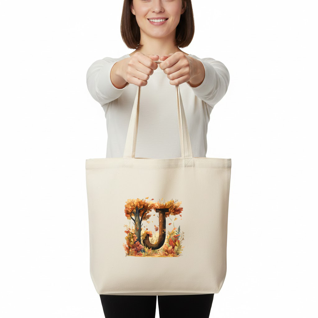 Fall Leaves Wooden Letter J Horizontal Canvas Tote Bag
