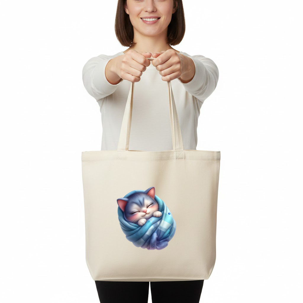 Kawaii Sleeping Kitten in Blue Swaddle Horizontal Canvas Tote Bag