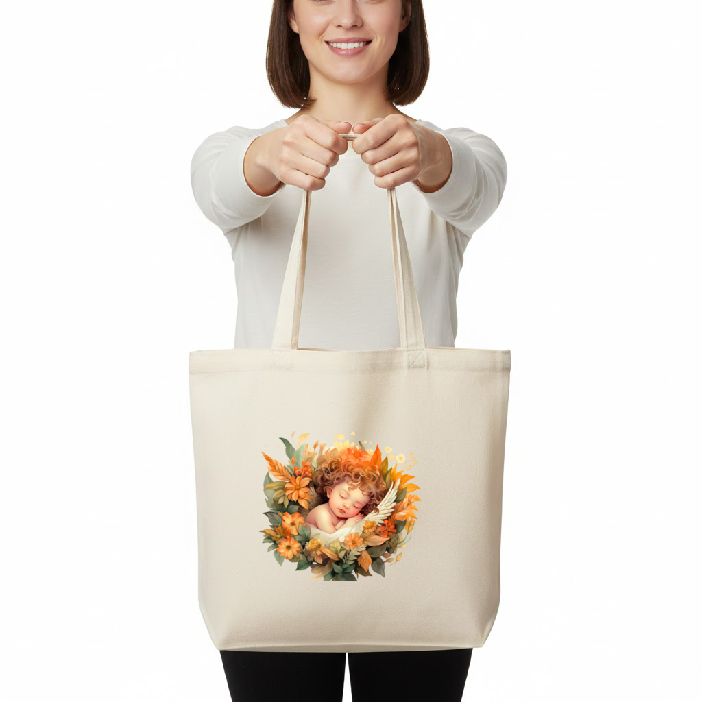Sleeping Cherub in Cottagecore Flowers Horizontal Canvas Tote Bag