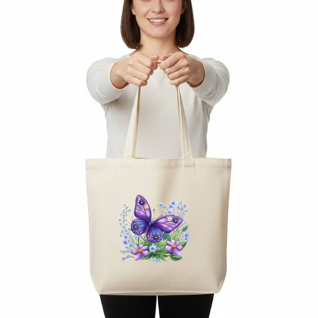 Cottagecore Purple Butterfly Floral Horizontal Canvas Tote Bag
