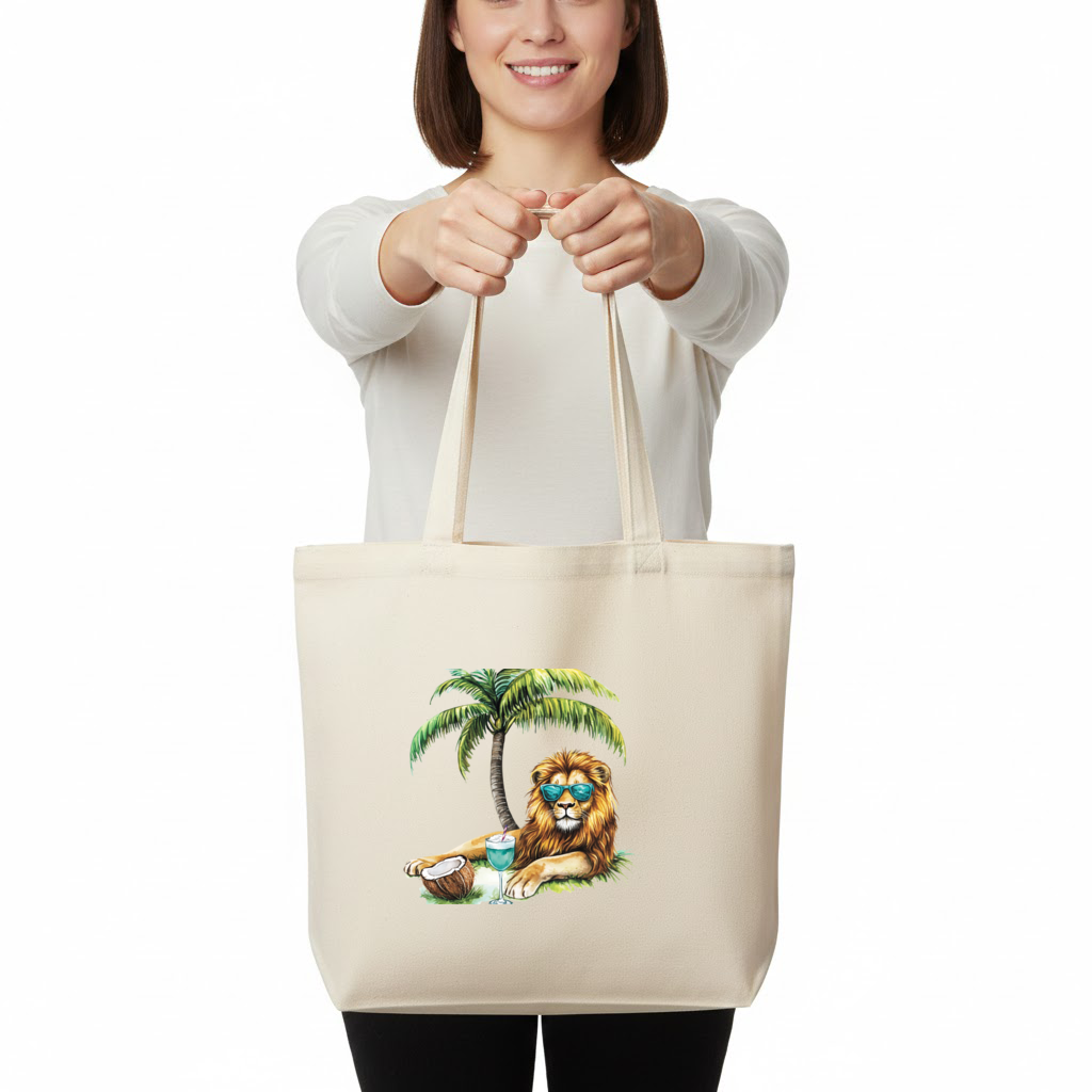 Summer Vibe Lion Under Palm Tree Horizontal Canvas Tote Bag